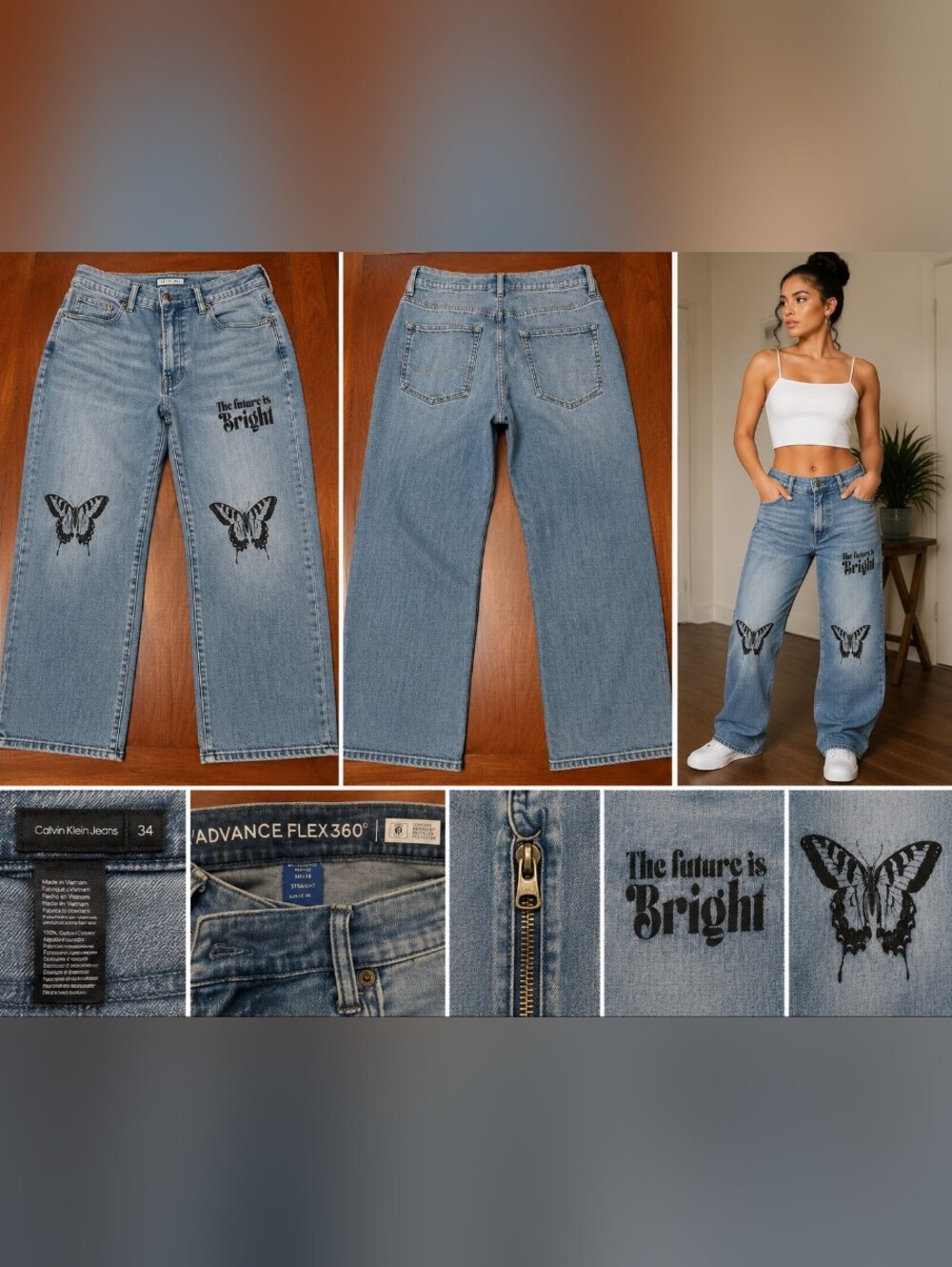 Light Blue Straight-Leg Jeans with Butterfly & 'Bright' Graphic